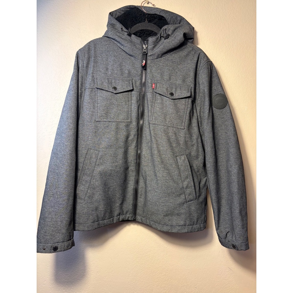 Levis Mens Sherpa Lined Hooded Softshell Jacket Heather Gray/Black Size Large